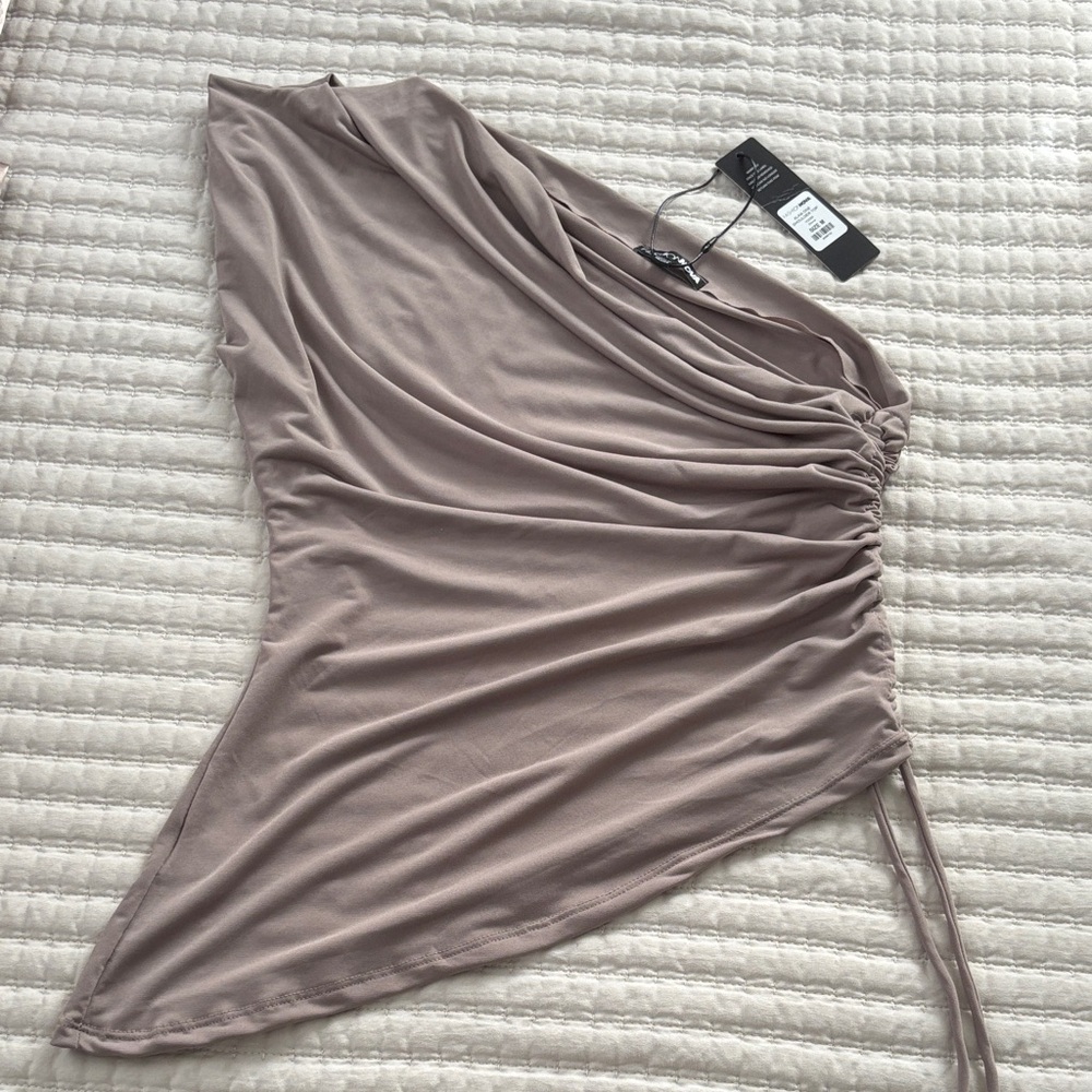 Fashion Nova One-Shoulder Ruched Top in Taupe